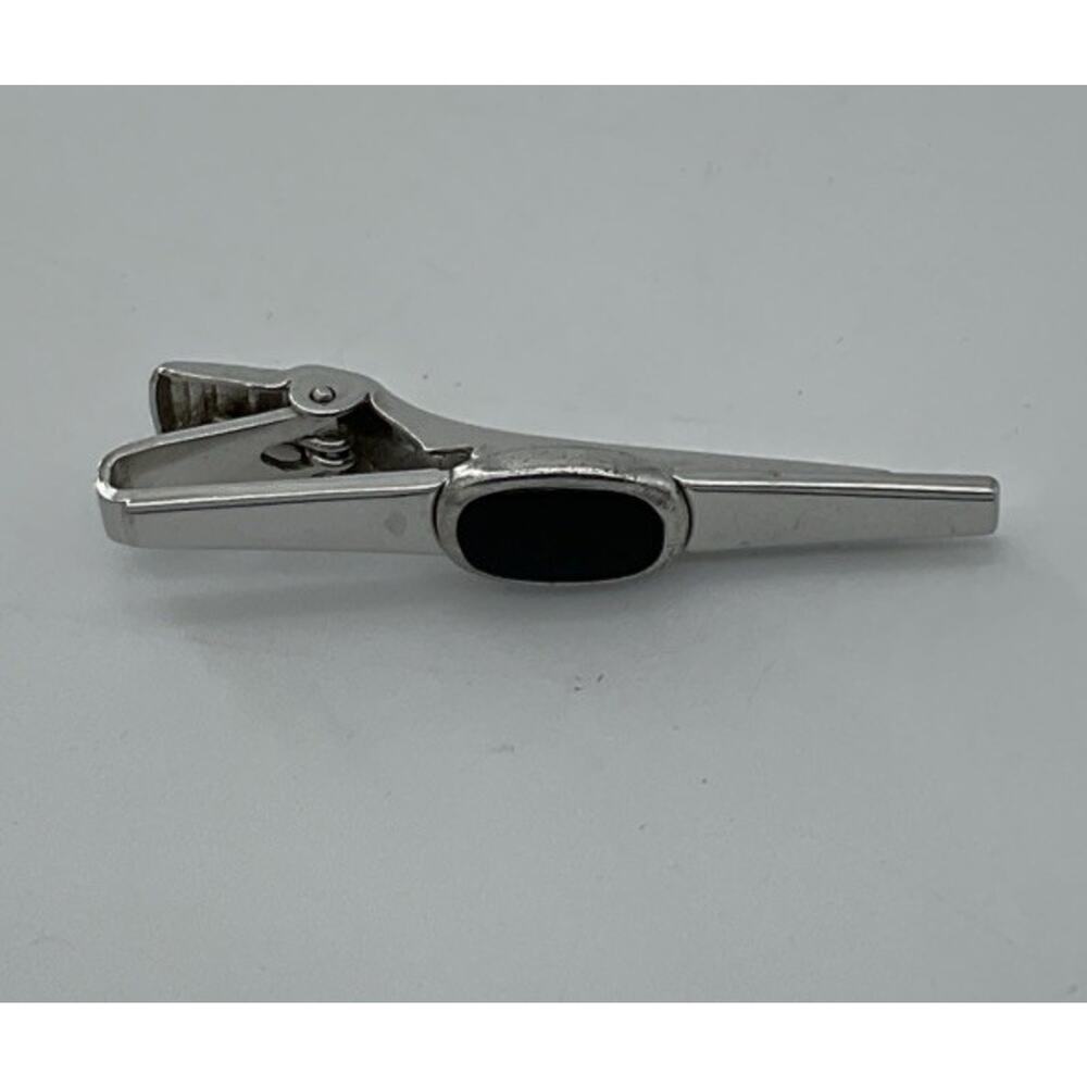 Tie Clip Clasp classic vintage silver tone Anson Men Jewelry black Onyx